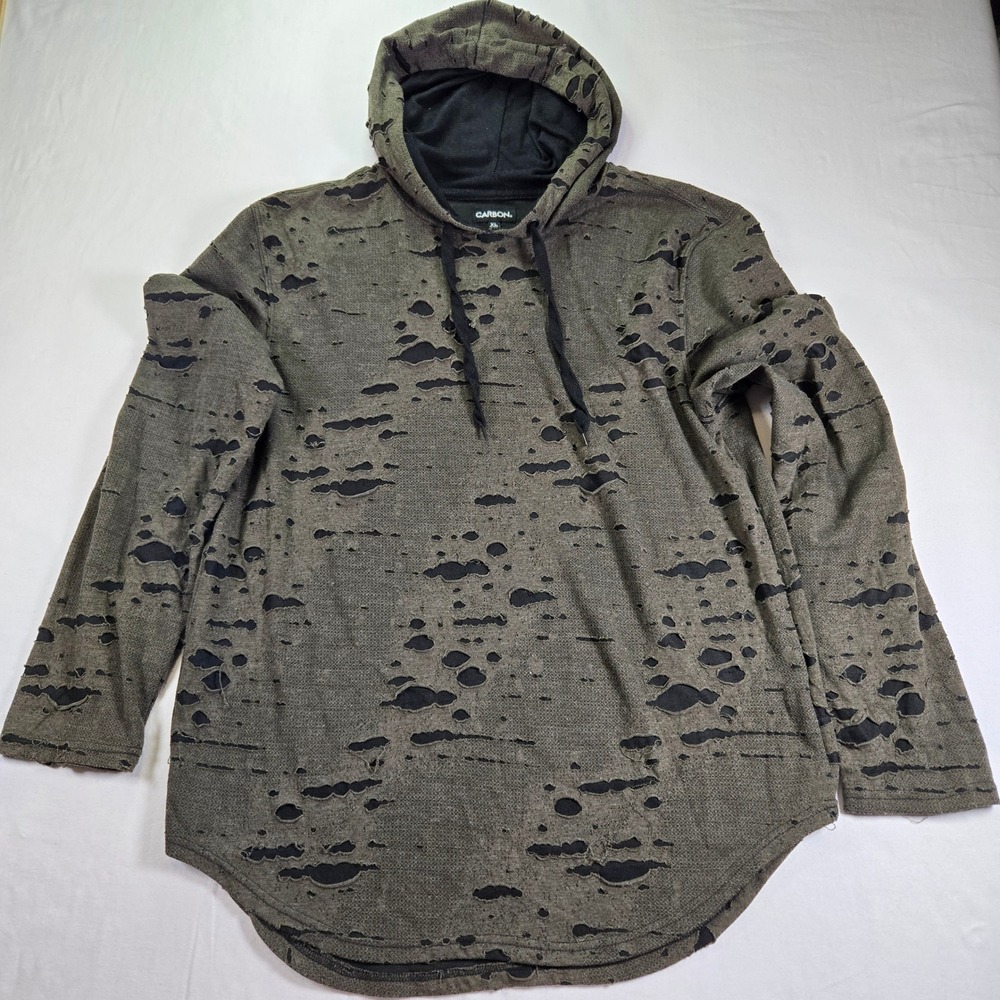 Carbon XL Men Hoodie Olive Green Thrashed Distressed Grunge Pullover Long Sleeve